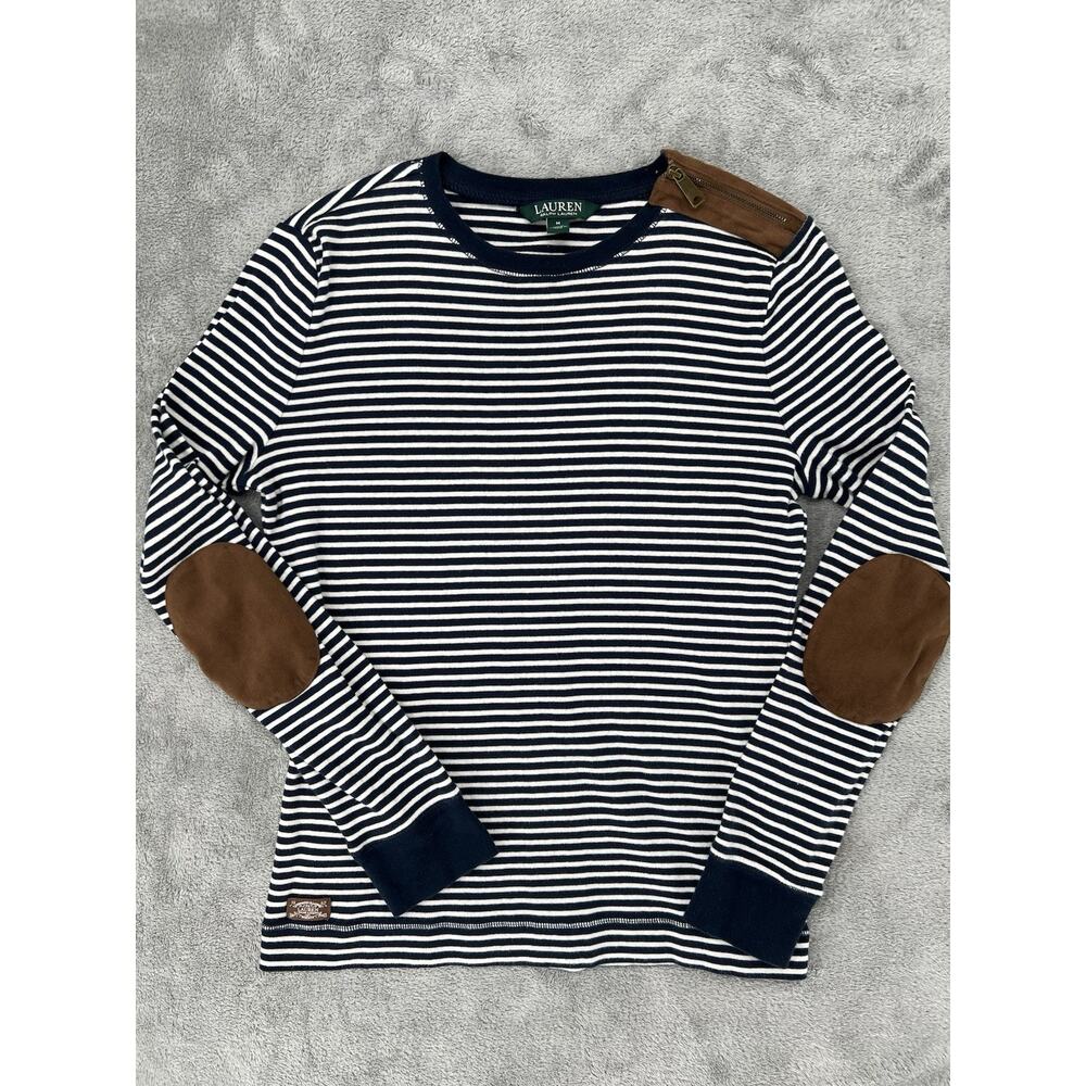 Lauren Ralph Lauren Navy White Brown Striped Knit Elbow Patch Pullover Sweater M